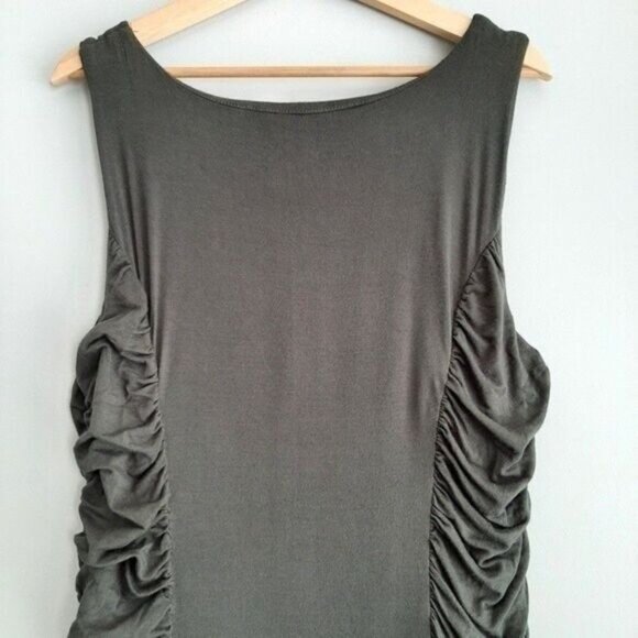 BIANCA NYGÅRD / Soft Bodycon Midi Dress Ruched Stretch Olive Green Sz 14 - Picture 5 of 9